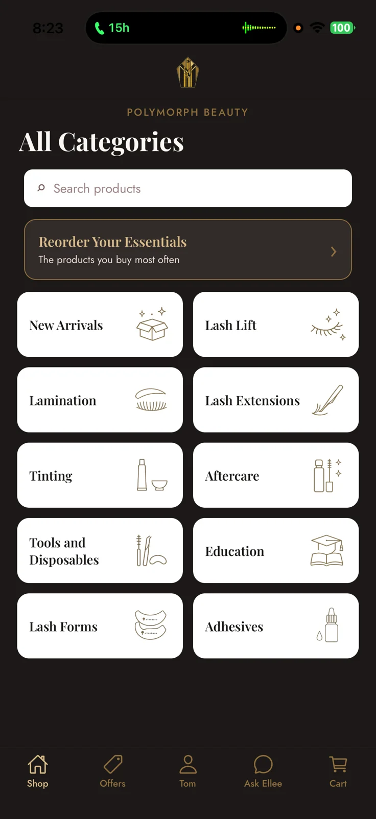 The Polymorph Beauty app showing product categories, a search bar, and a Reorder Your Essentials shortcut