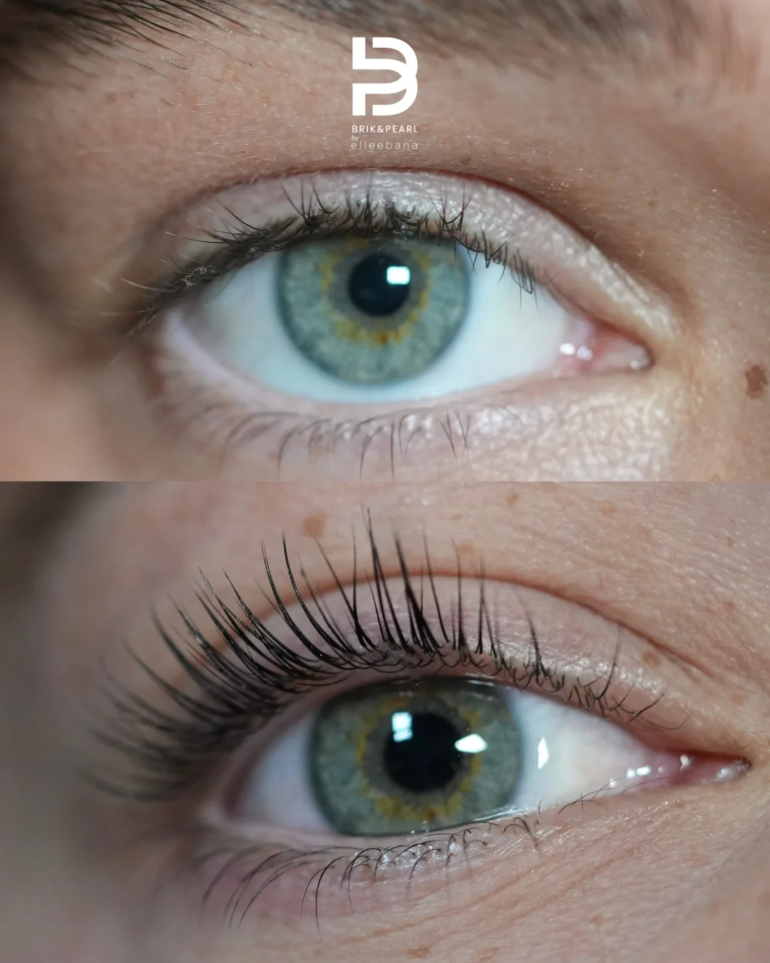 Before and after a Brik & Pearl lash lift, showing straight lashes above and lifted, curled lashes below