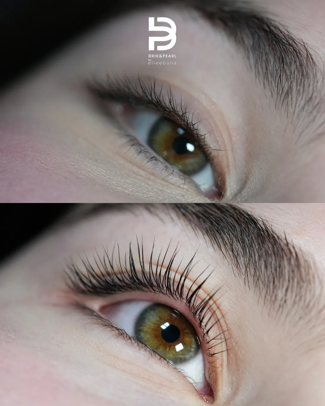 Before and after a Brik & Pearl lash lift on a second client, showing straight lashes above and lifted, curled lashes below