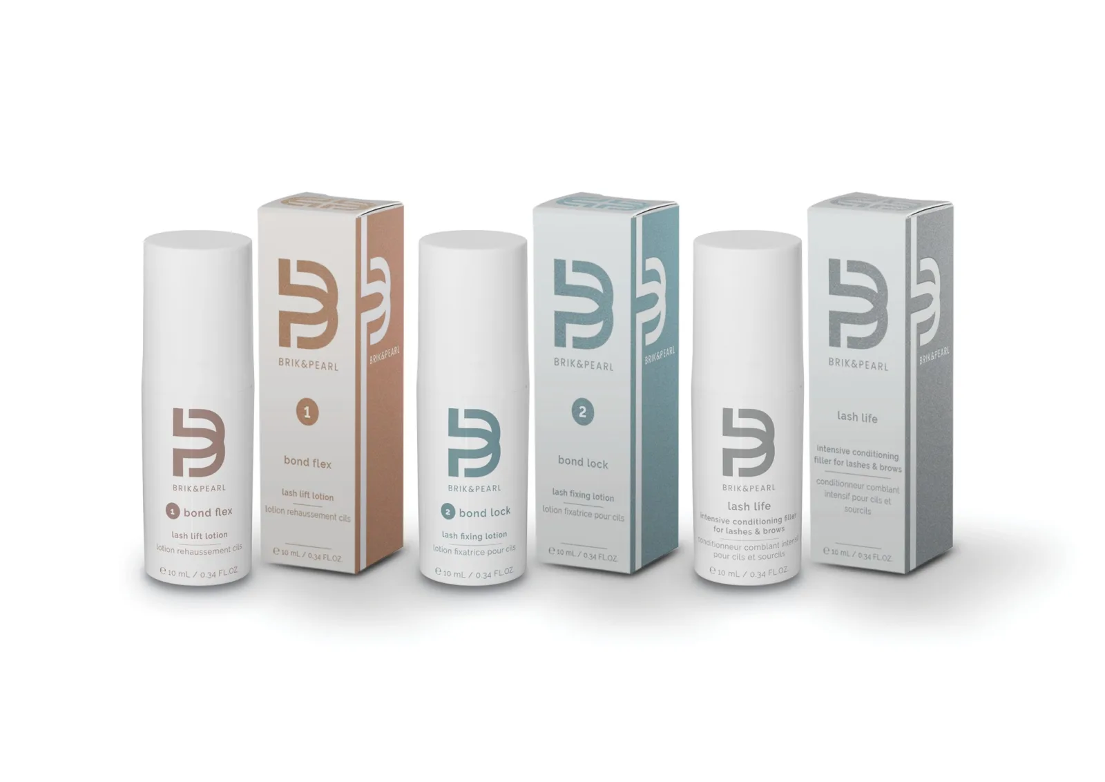 Brik & Pearl bond flex, bond lock y lash life, con su empaque