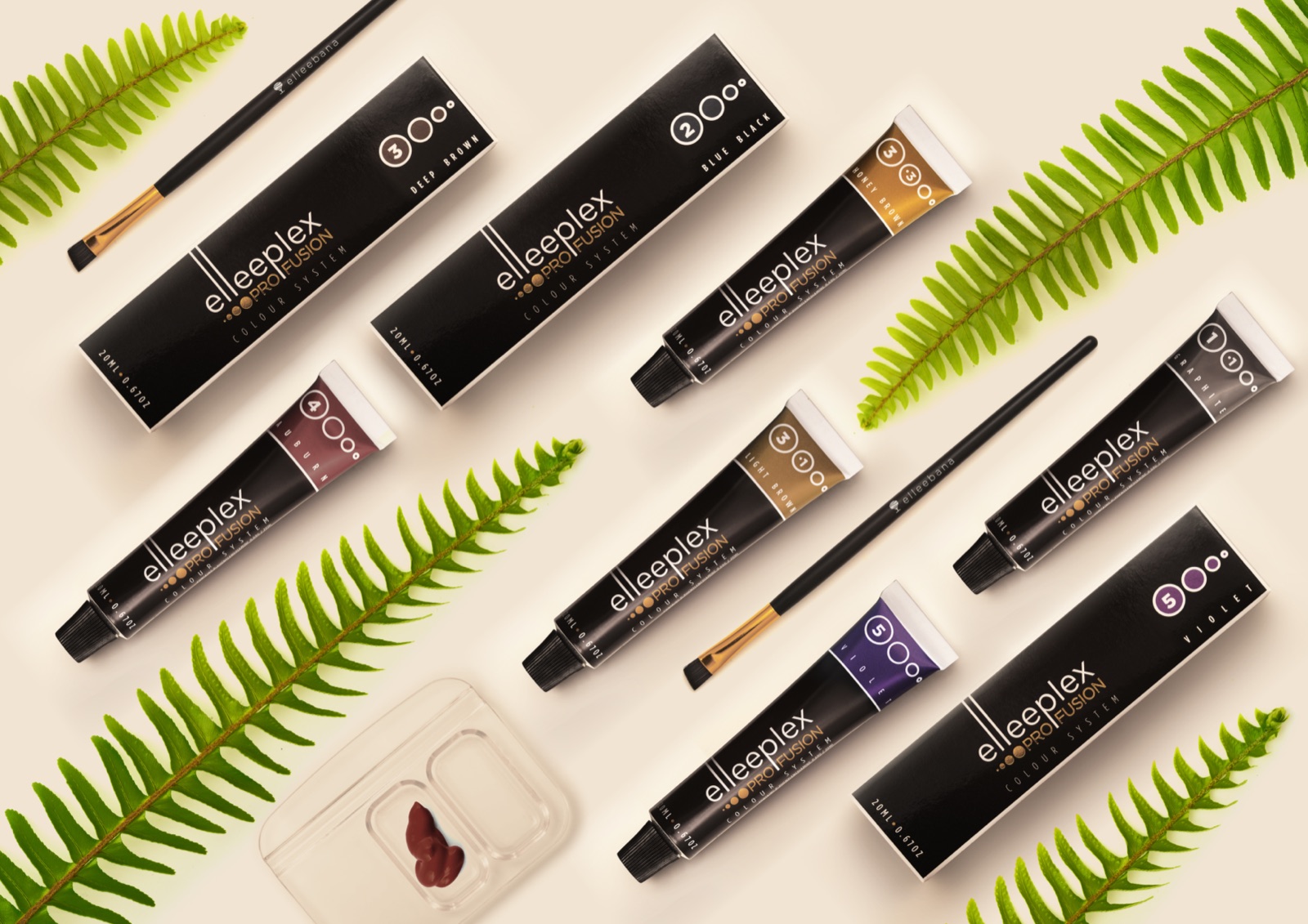 Elleeplex Profusion Colour System tubes and boxes arranged in a flat lay